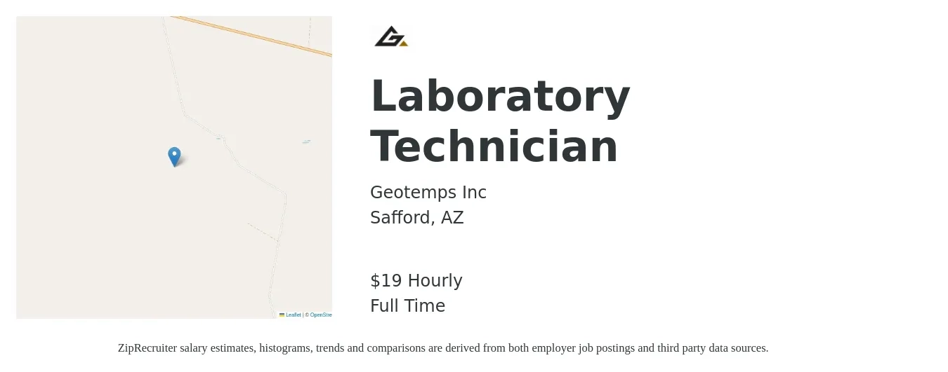 Geotemps Inc job posting for a Laboratory Technician in Safford, AZ with a salary of $20 Hourly with a map of Safford location.