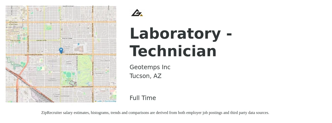 Geotemps Inc job posting for a Laboratory - Technician in Tucson, AZ with a salary of $18 to $24 Hourly with a map of Tucson location.