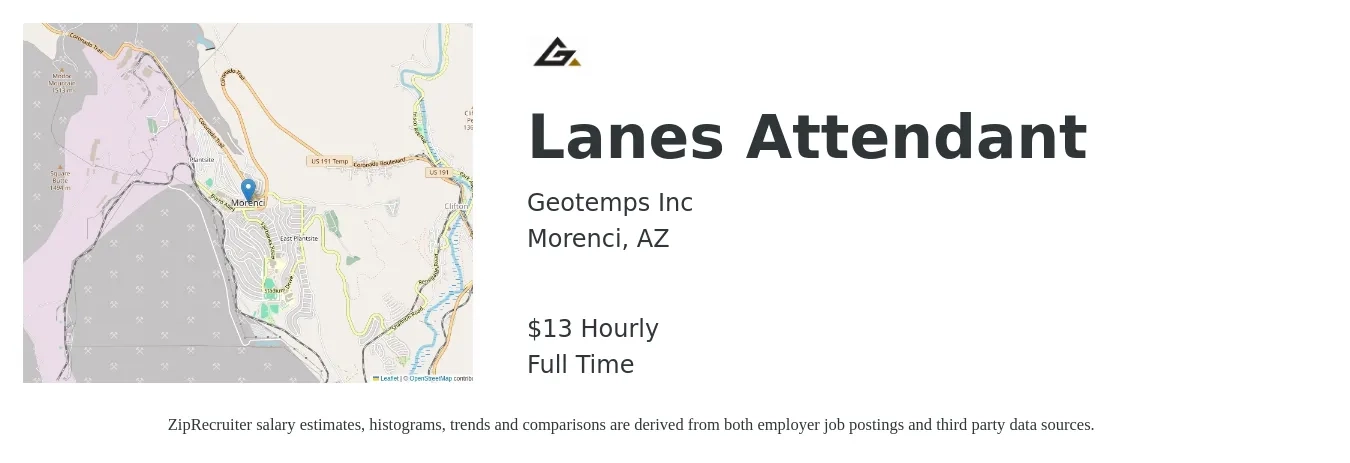 Geotemps Inc job posting for a Lanes Attendant in Morenci, AZ with a salary of $14 Hourly with a map of Morenci location.