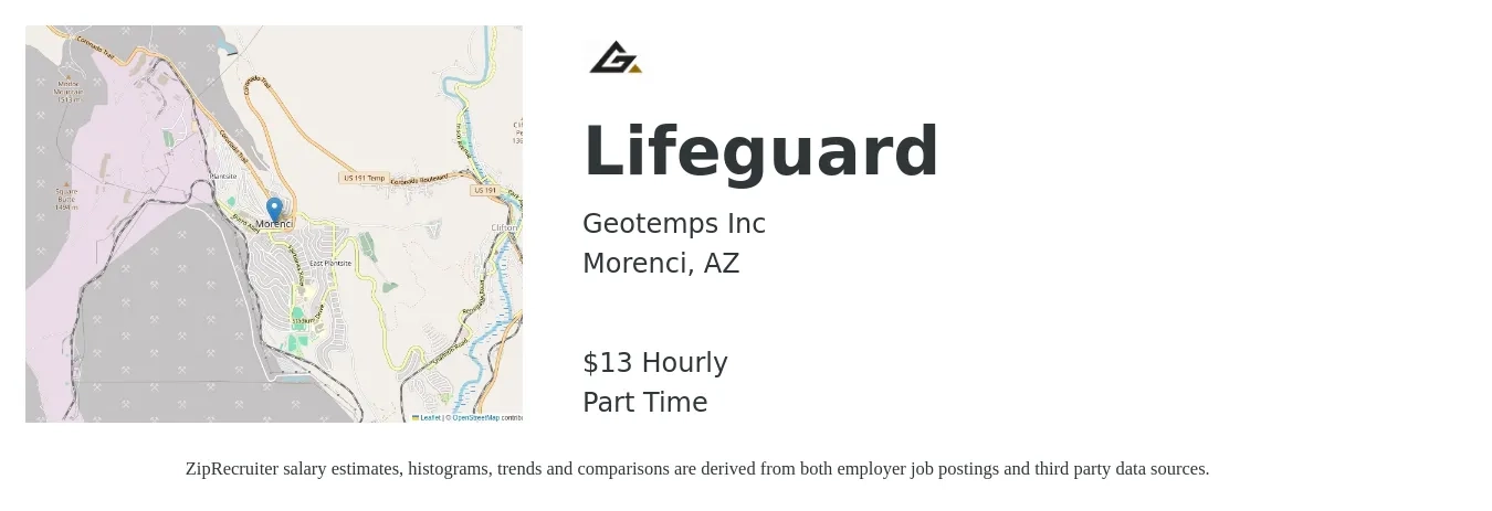 Geotemps Inc job posting for a Lifeguard in Morenci, AZ with a salary of $14 Hourly with a map of Morenci location.