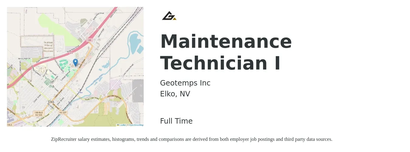 Geotemps Inc job posting for a Maintenance Technician I in Elko, NV with a salary of $18 to $26 Hourly with a map of Elko location.
