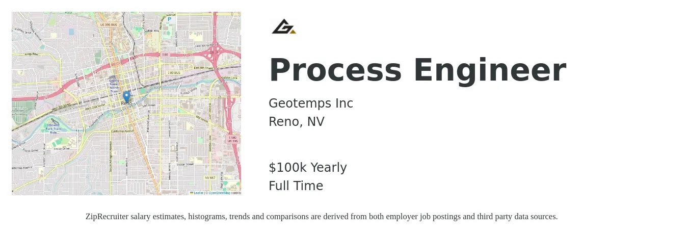 Geotemps Inc job posting for a Process Engineer in Reno, NV with a salary of $100,000 Yearly with a map of Reno location.