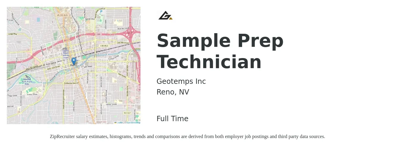 Geotemps Inc job posting for a Sample Prep Technician in Reno, NV with a salary of $17 to $24 Hourly with a map of Reno location.