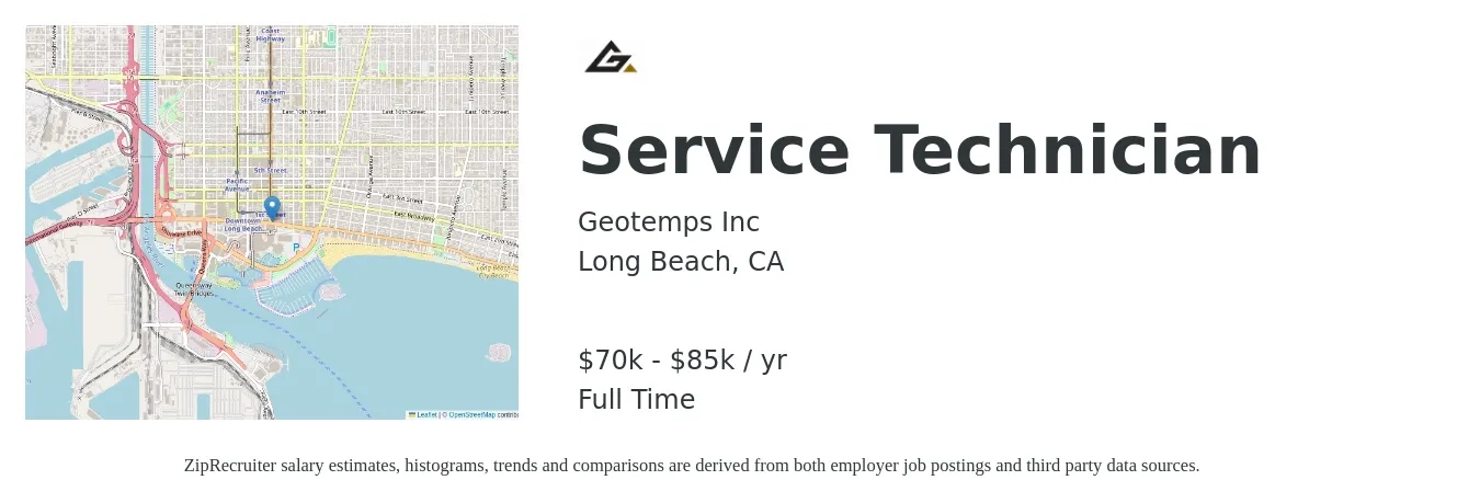Geotemps Inc job posting for a Service Technician in Long Beach, CA with a salary of $70,000 to $85,000 Yearly with a map of Long Beach location.