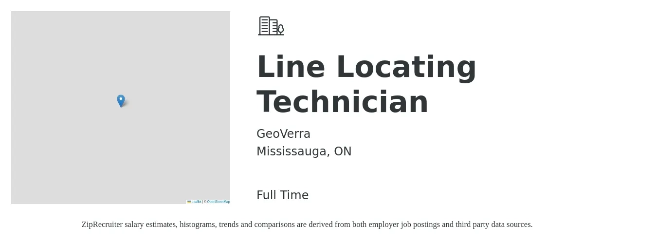 GeoVerra job posting for a Line Locating Technician in Mississauga, ON with a map of Mississauga location.