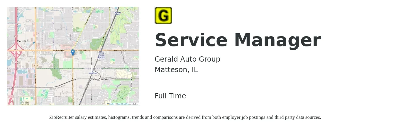 Gerald Auto Group job posting for a Service Manager in Matteson, IL with a salary of $51,400 to $79,600 Yearly with a map of Matteson location.