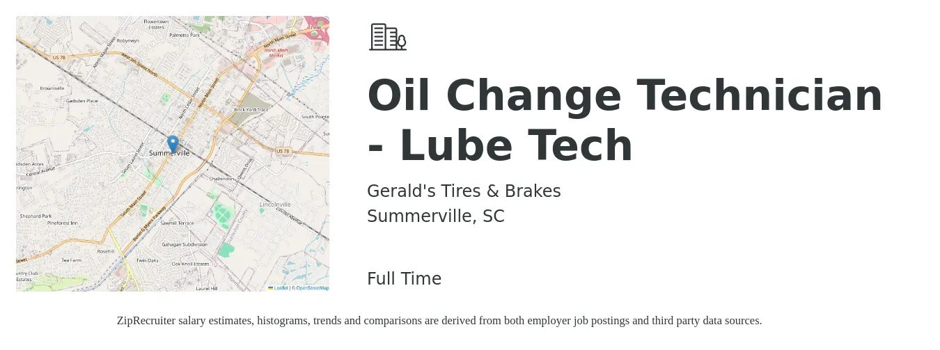 Gerald's Tires & Brakes job posting for a Oil Change Technician - Lube Tech in Summerville, SC with a salary of $12 to $17 Hourly with a map of Summerville location.