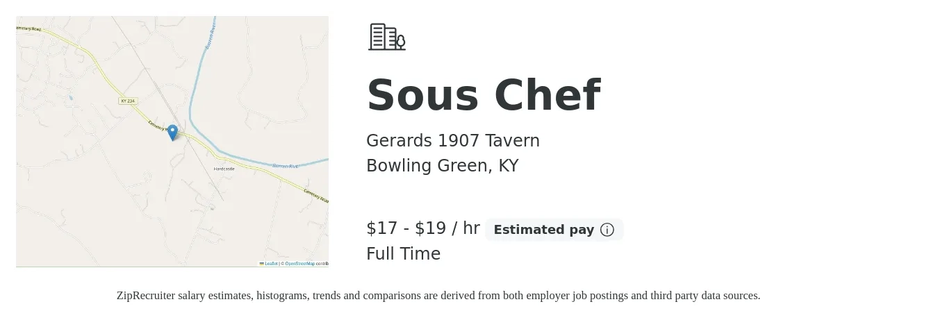 Gerards 1907 Tavern job posting for a Sous Chef in Bowling Green, KY with a salary of $18 to $20 Hourly with a map of Bowling Green location.