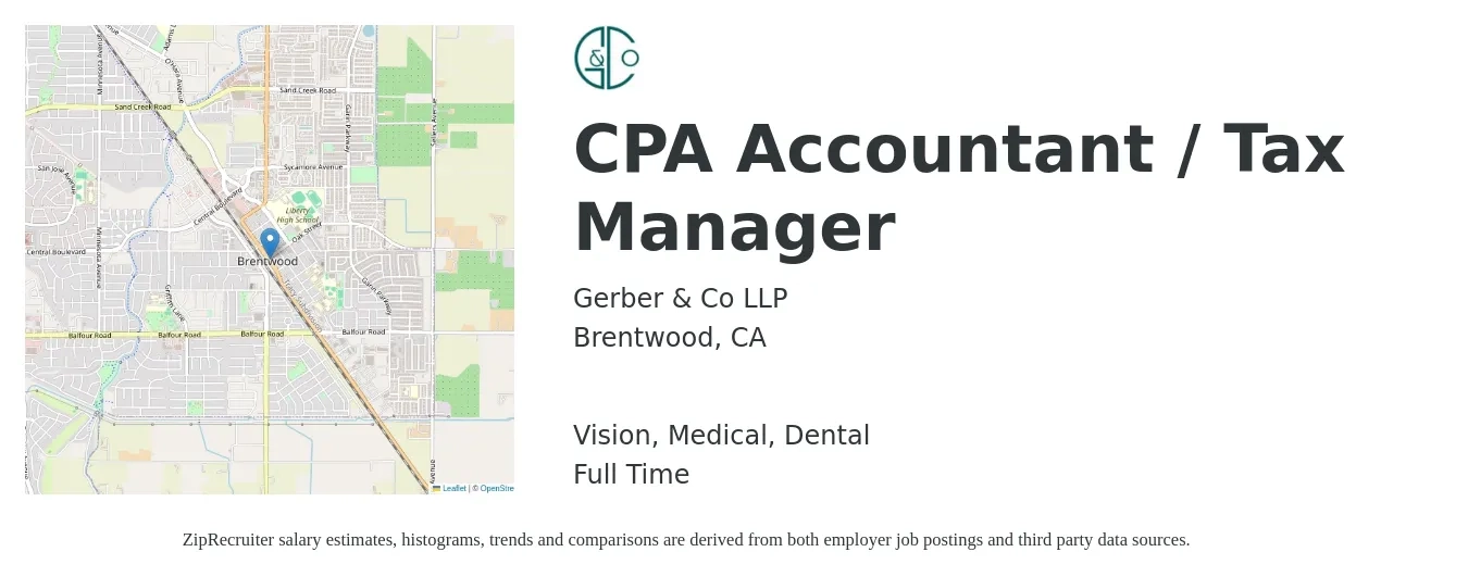 Gerber & Co LLP job posting for a CPA Accountant / Tax Manager in Brentwood, CA with a salary of $122,200 to $160,200 Yearly and benefits including pto, retirement, vision, dental, life_insurance, and medical with a map of Brentwood location.