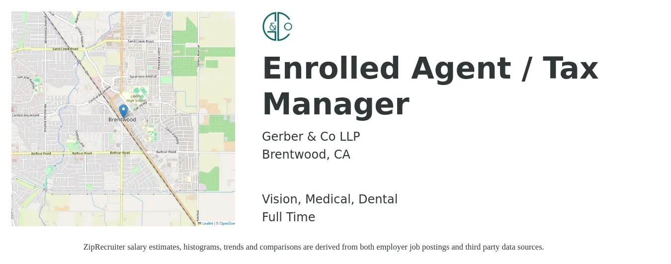 Gerber & Co LLP job posting for a Enrolled Agent / Tax Manager in Brentwood, CA with a salary of $122,200 to $160,200 Yearly and benefits including dental, life_insurance, medical, pto, retirement, and vision with a map of Brentwood location.