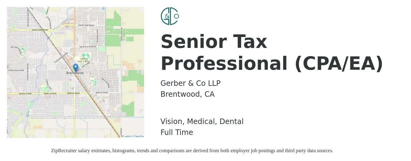 Gerber & Co LLP job posting for a Senior Tax Professional (CPA/EA) in Brentwood, CA with a salary of $100,200 to $158,500 Yearly and benefits including dental, life_insurance, medical, pto, retirement, and vision with a map of Brentwood location.