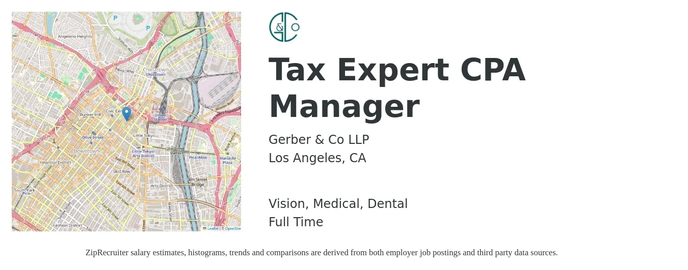 Gerber & Co LLP job posting for a Tax Expert CPA Manager in Los Angeles, CA with a salary of $119,600 to $156,800 Yearly and benefits including dental, life_insurance, medical, pto, retirement, and vision with a map of Los Angeles location.