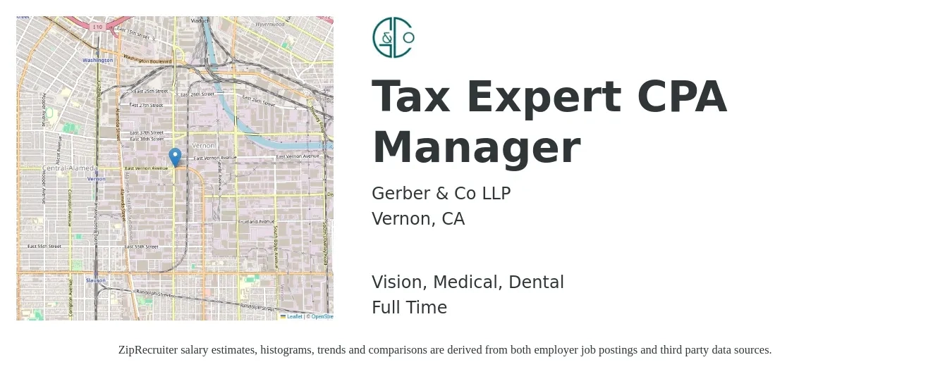Gerber & Co LLP job posting for a Tax Expert CPA Manager in Vernon, CA with a salary of $111,900 to $146,700 Yearly and benefits including medical, pto, retirement, vision, dental, and life_insurance with a map of Vernon location.