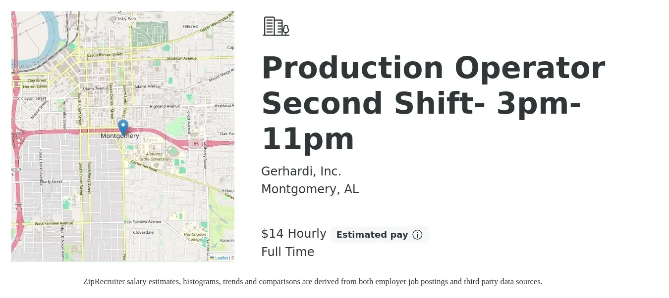 Gerhardi, Inc. job posting for a Production Operator Second Shift- 3pm-11pm in Montgomery, AL with a salary of $15 to $16 Hourly with a map of Montgomery location.