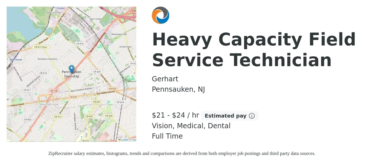Gerhart job posting for a Heavy Capacity Field Service Technician in Pennsauken, NJ with a salary of $22 to $25 Hourly and benefits including retirement, vision, dental, life_insurance, and medical with a map of Pennsauken location.