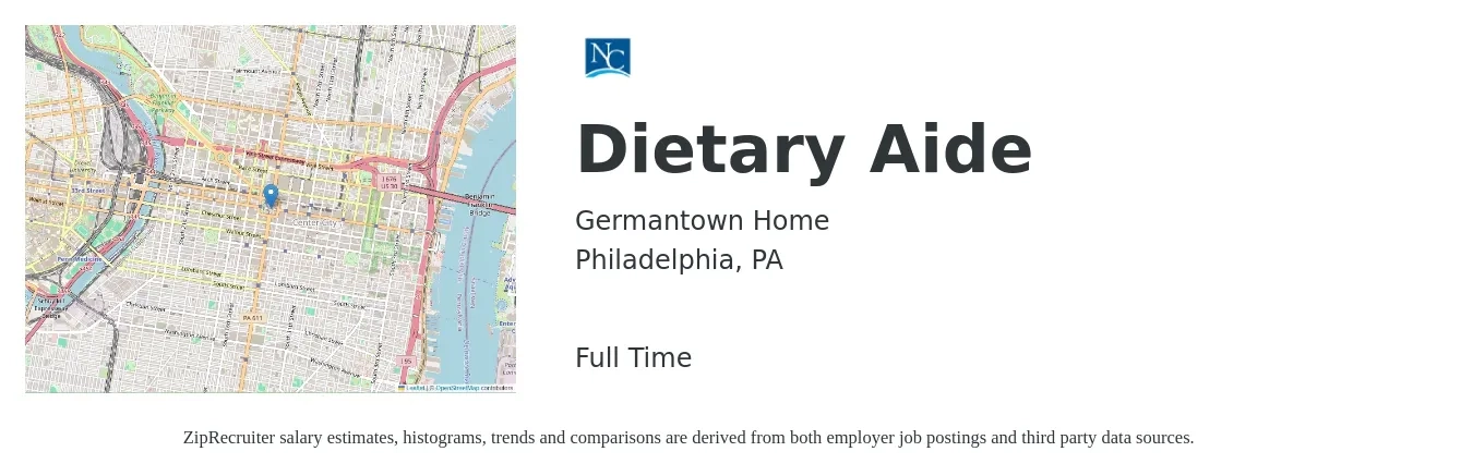 Germantown Home job posting for a Dietary Aide in Philadelphia, PA with a salary of $12 to $16 Hourly with a map of Philadelphia location.