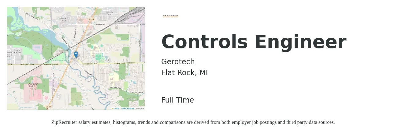 Gerotech job posting for a Controls Engineer in Flat Rock, MI with a salary of $76,700 to $99,200 Yearly with a map of Flat Rock location.