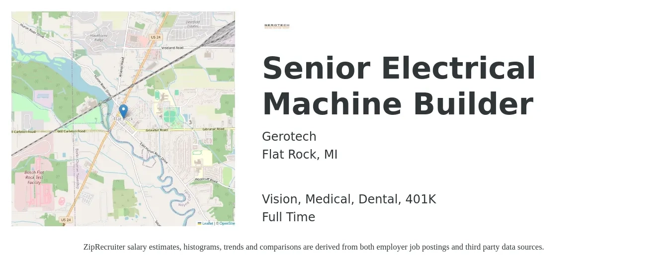 Gerotech job posting for a Senior Electrical Machine Builder in Flat Rock, MI with a salary of $90,100 to $138,300 Yearly and benefits including life_insurance, medical, vision, 401k, and dental with a map of Flat Rock location.