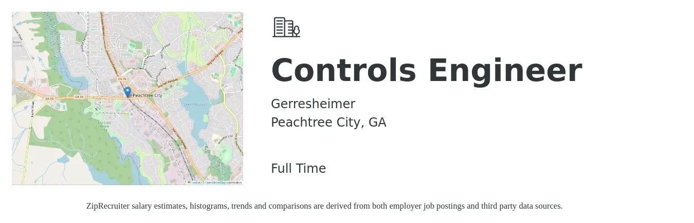 Gerresheimer job posting for a Controls Engineer in Peachtree City, GA with a salary of $77,600 to $100,300 Yearly with a map of Peachtree City location.
