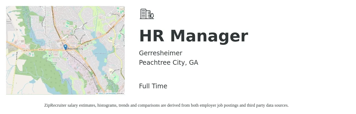 Gerresheimer job posting for a HR Manager in Peachtree City, GA with a salary of $64,100 to $92,900 Yearly with a map of Peachtree City location.
