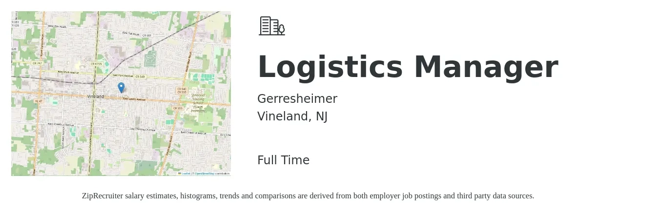 Gerresheimer job posting for a Logistics Manager in Vineland, NJ with a salary of $56,100 to $89,800 Yearly with a map of Vineland location.
