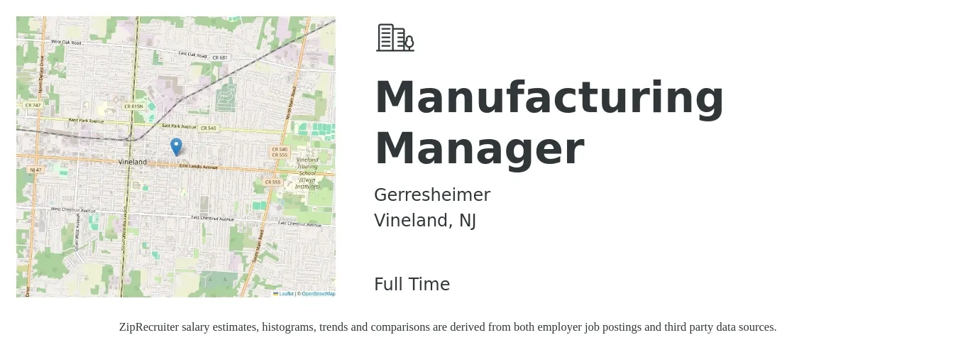 Gerresheimer job posting for a Manufacturing Manager in Vineland, NJ with a salary of $76,900 to $117,600 Yearly with a map of Vineland location.
