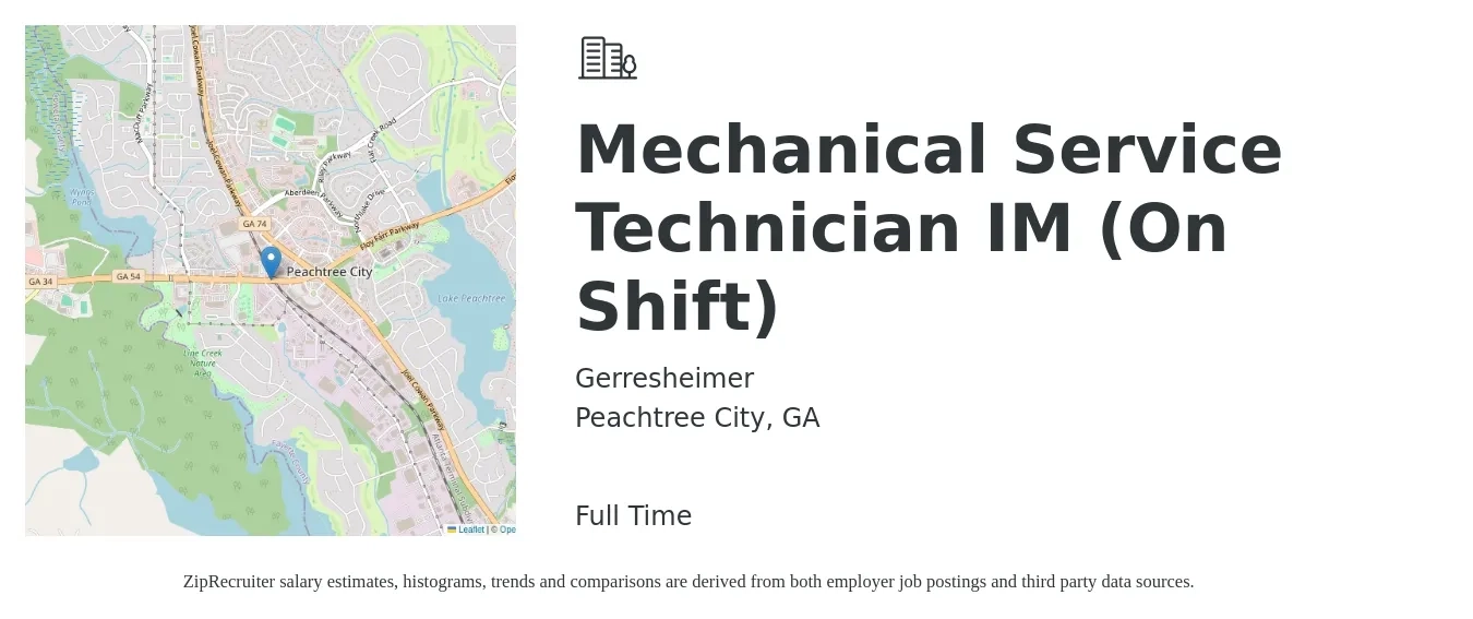 Gerresheimer job posting for a Mechanical Service Technician IM (On Shift) in Peachtree City, GA with a salary of $20 to $30 Hourly with a map of Peachtree City location.