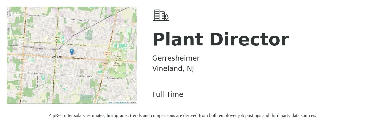 Gerresheimer job posting for a Plant Director in Vineland, NJ with a salary of $75,900 to $144,400 Yearly with a map of Vineland location.
