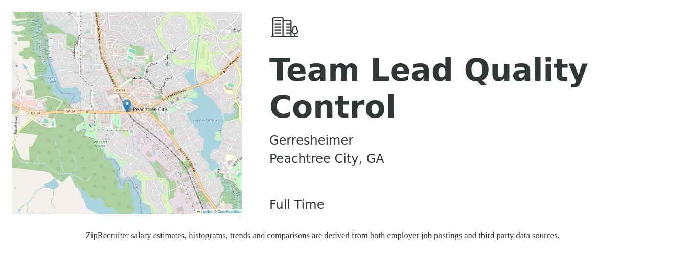Gerresheimer job posting for a Team Lead Quality Control in Peachtree City, GA with a salary of $19 to $38 Hourly with a map of Peachtree City location.