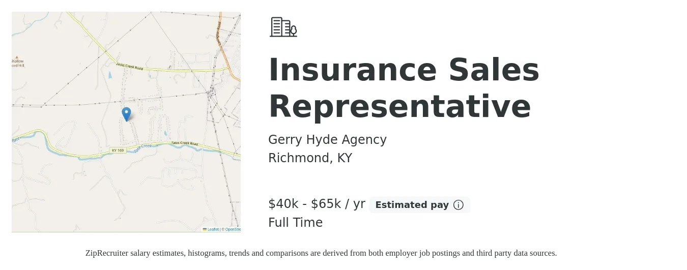 Gerry Hyde Agency job posting for a Insurance Sales Representative in Richmond, KY with a salary of $40,000 to $65,000 Yearly with a map of Richmond location.