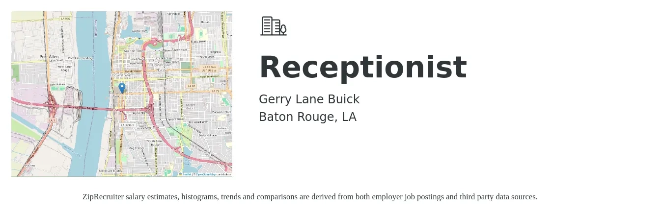 Gerry Lane Buick job posting for a Receptionist in Baton Rouge, LA with a salary of $15 to $20 Hourly with a map of Baton Rouge location.