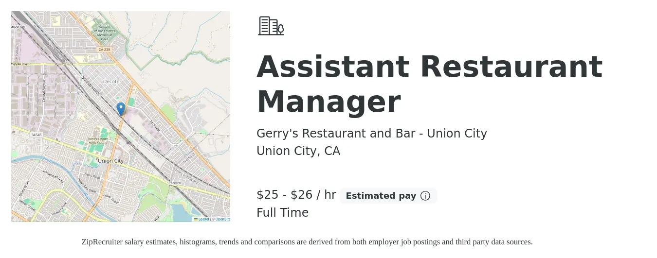 Gerry's Restaurant and Bar - Union City job posting for a Assistant Restaurant Manager in Union City, CA with a salary of $27 to $28 Hourly with a map of Union City location.