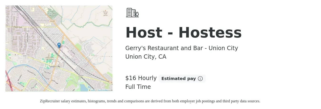 Gerry's Restaurant and Bar - Union City job posting for a Host - Hostess in Union City, CA with a salary of $17 Hourly with a map of Union City location.