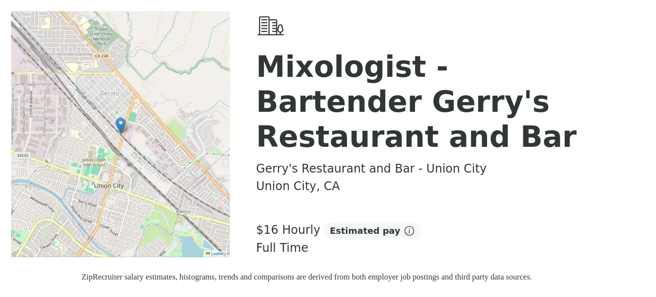 Gerry's Restaurant and Bar - Union City job posting for a Mixologist - Bartender Gerry's Restaurant and Bar in Union City, CA with a salary of $17 Hourly with a map of Union City location.