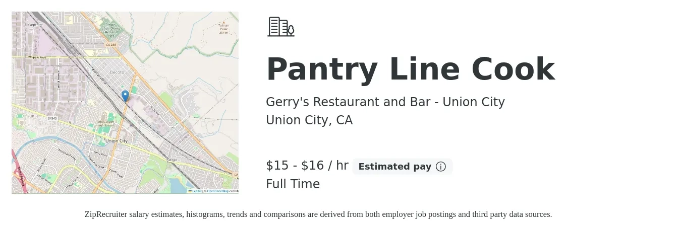 Gerry's Restaurant and Bar - Union City job posting for a Pantry Line Cook in Union City, CA with a salary of $16 to $17 Hourly with a map of Union City location.