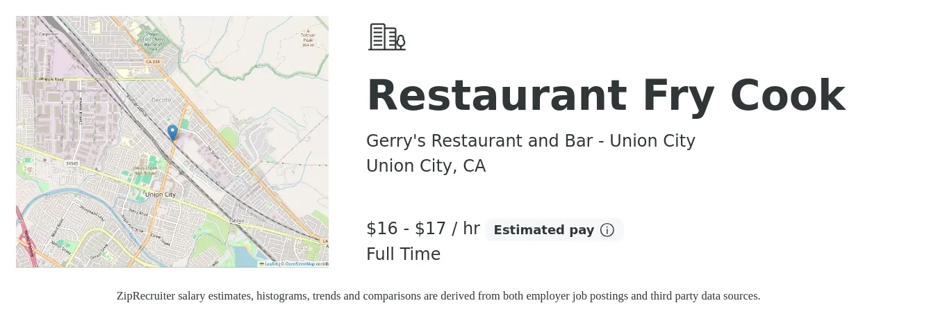 Gerry's Restaurant and Bar - Union City job posting for a Restaurant Fry Cook in Union City, CA with a salary of $17 to $18 Hourly with a map of Union City location.