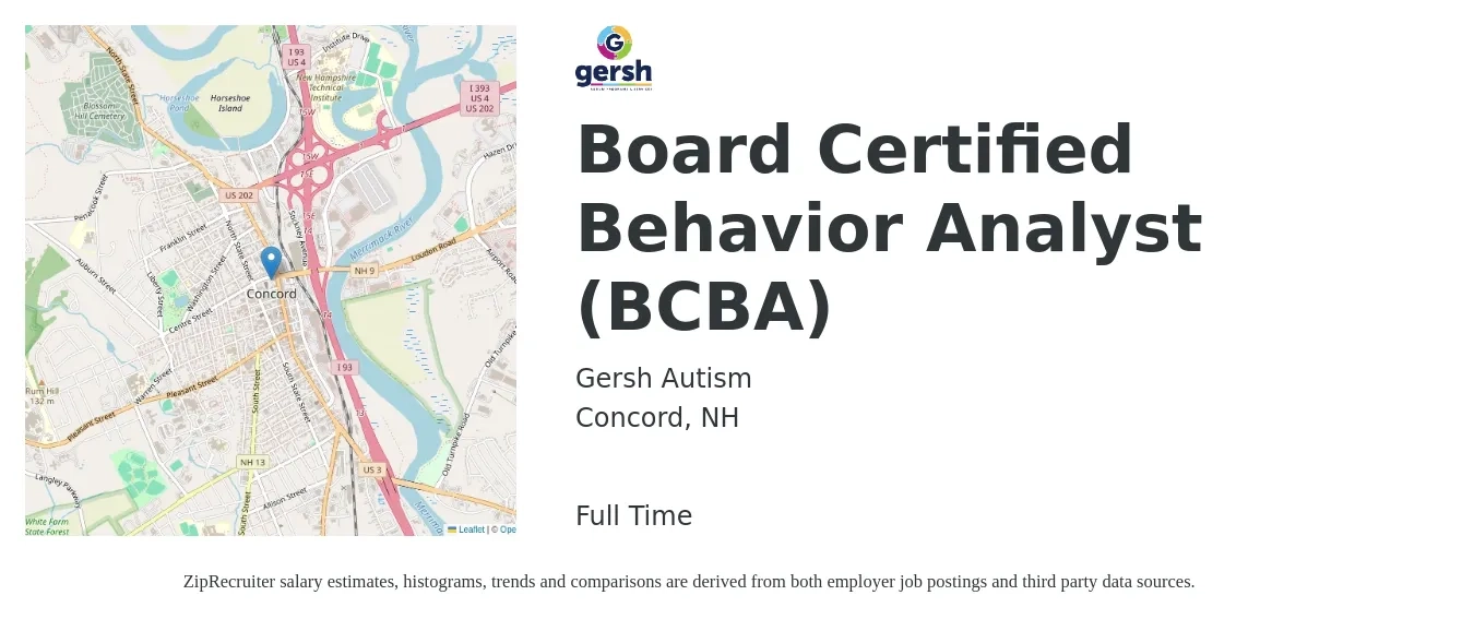 Gersh Autism job posting for a Board Certified Behavior Analyst (BCBA) in Concord, NH with a salary of $75,000 Yearly with a map of Concord location.