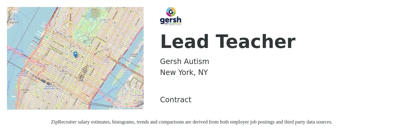 Gersh Autism job posting for a Lead Teacher in New York, NY with a salary of $16 to $22 Hourly with a map of New York location.