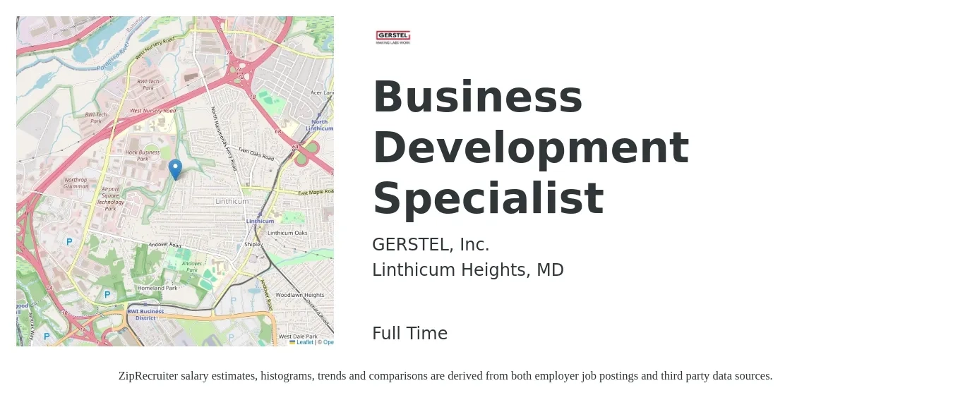 GERSTEL job posting for a Business Development Specialist in Linthicum Heights, MD with a salary of $46,000 to $76,900 Yearly with a map of Linthicum Heights location.