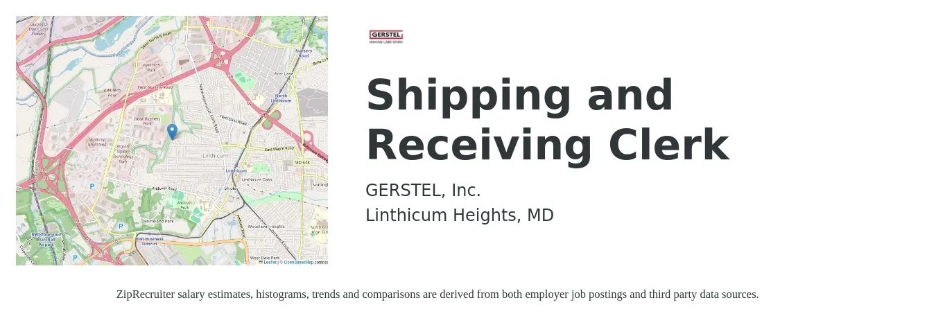 GERSTEL, Inc. job posting for a Shipping and Receiving Clerk in Linthicum Heights, MD with a salary of $17 to $20 Hourly with a map of Linthicum Heights location.