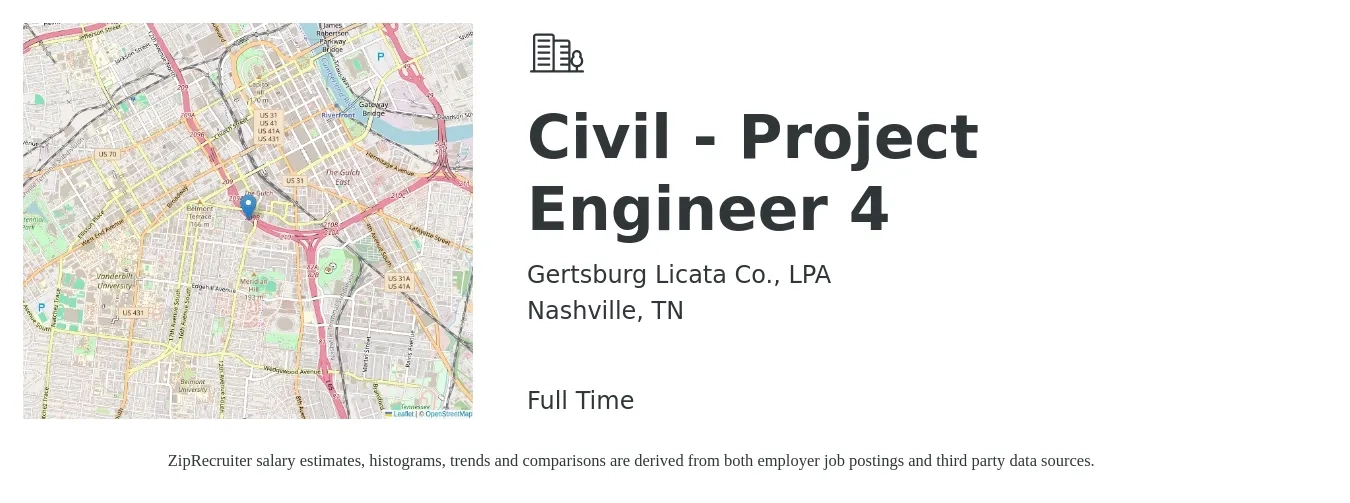Gertsburg Licata Co., LPA job posting for a Civil - Project Engineer 4 in Nashville, TN with a salary of $120,000 to $140,000 Yearly with a map of Nashville location.
