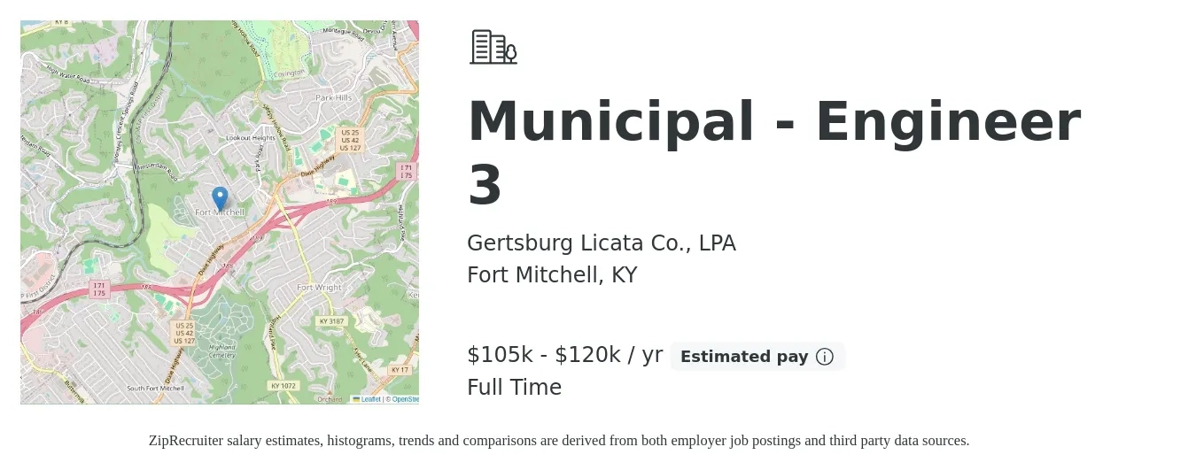 Gertsburg Licata Co., LPA job posting for a Municipal - Engineer 3 in Fort Mitchell, KY with a salary of $105,000 to $120,000 Yearly with a map of Fort Mitchell location.