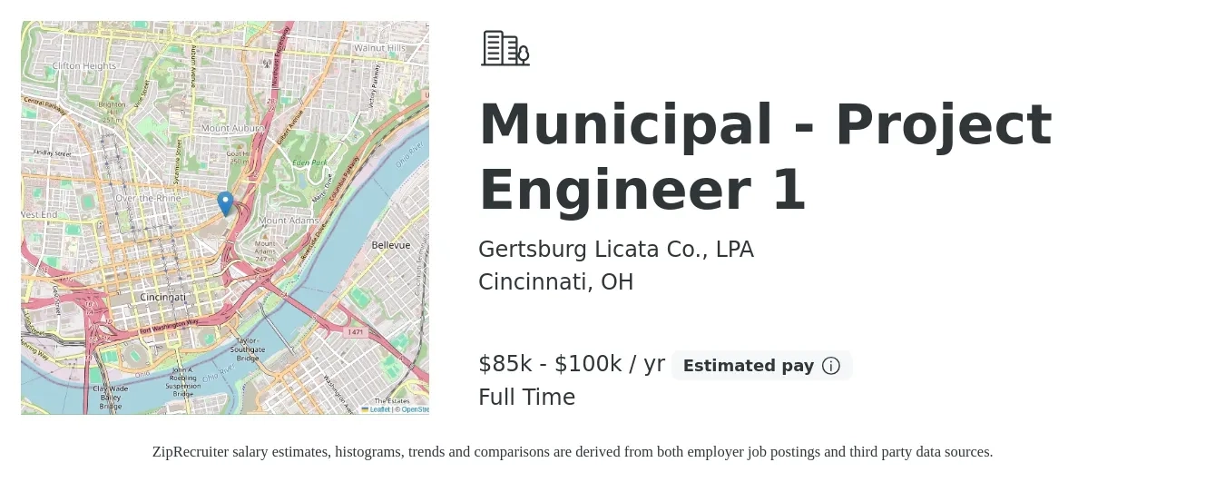 Gertsburg Licata Co., LPA job posting for a Municipal - Project Engineer 1 in Cincinnati, OH with a salary of $85,000 to $100,000 Yearly with a map of Cincinnati location.