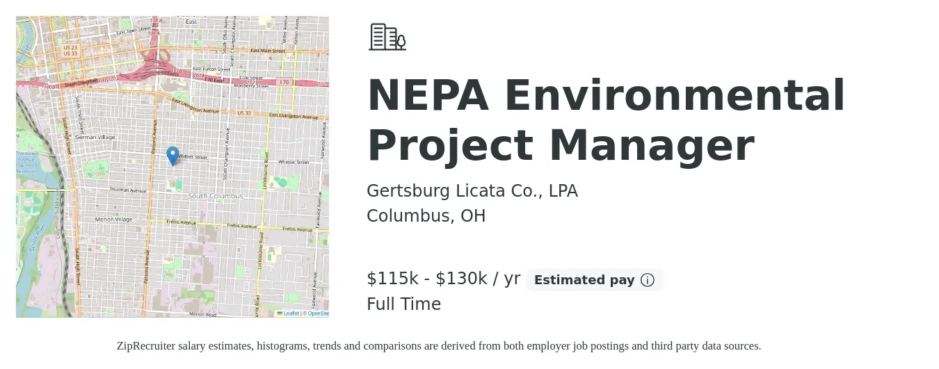 Gertsburg Licata Co., LPA job posting for a NEPA Environmental Project Manager in Columbus, OH with a salary of $115,000 to $130,000 Yearly with a map of Columbus location.