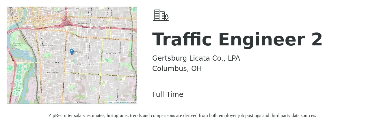 Gertsburg Licata Co., LPA job posting for a Traffic Engineer 2 in Columbus, OH with a salary of $95,000 to $110,000 Yearly with a map of Columbus location.