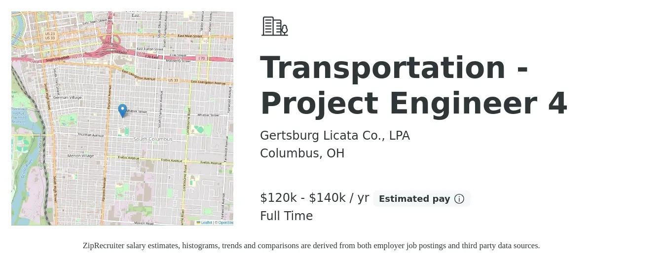 Gertsburg Licata Co., LPA job posting for a Transportation - Project Engineer 4 in Columbus, OH with a salary of $120,000 to $140,000 Yearly with a map of Columbus location.