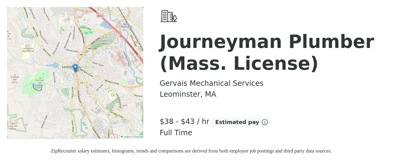 Gervais Mechanical Services job posting for a Journeyman Plumber (Mass. License) in Leominster, MA with a salary of $40 to $45 Hourly with a map of Leominster location.