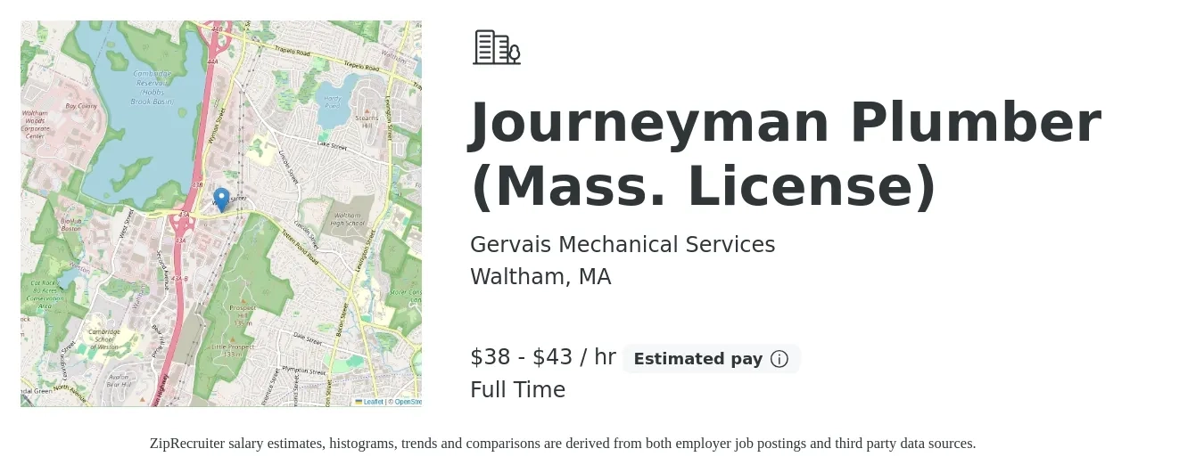 Gervais Mechanical Services job posting for a Journeyman Plumber (Mass. License) in Waltham, MA with a salary of $40 to $45 Hourly with a map of Waltham location.