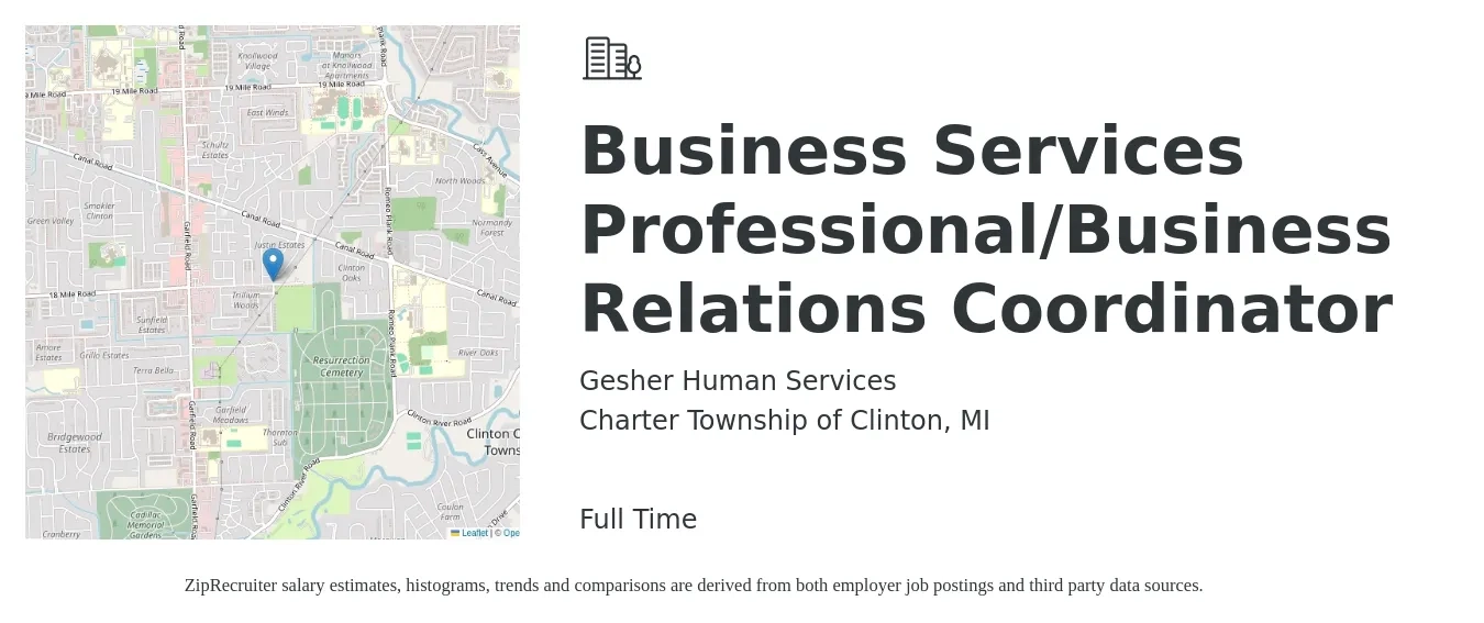 Gesher Human Services job posting for a Business Services Professional/Business Relations Coordinator in Charter Township of Clinton, MI with a salary of $38,500 to $59,000 Yearly with a map of Charter Township of Clinton location.