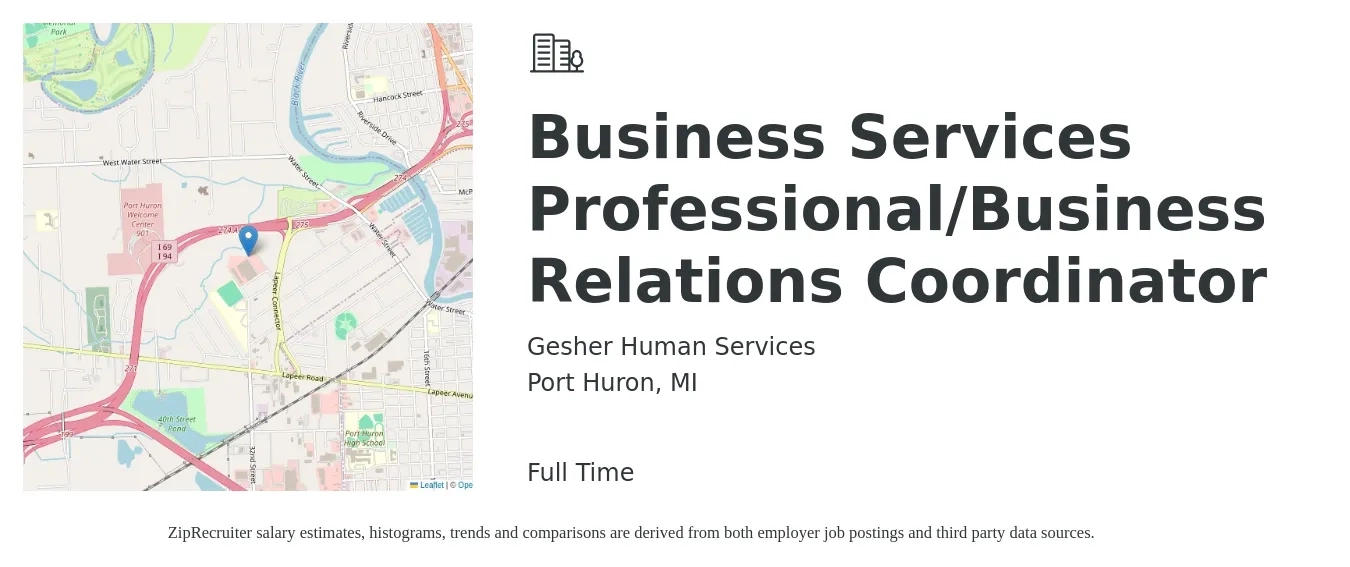 Gesher Human Services job posting for a Business Services Professional/Business Relations Coordinator in Port Huron, MI with a salary of $39,800 to $60,900 Yearly with a map of Port Huron location.